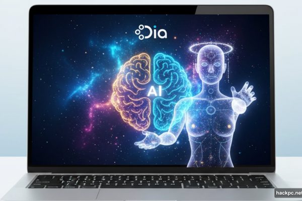 Dia AI browser launching from MacBook with holographic assistant, available now