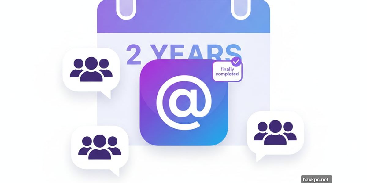 Threads app logo surrounded by group chat bubbles and two-year timeline