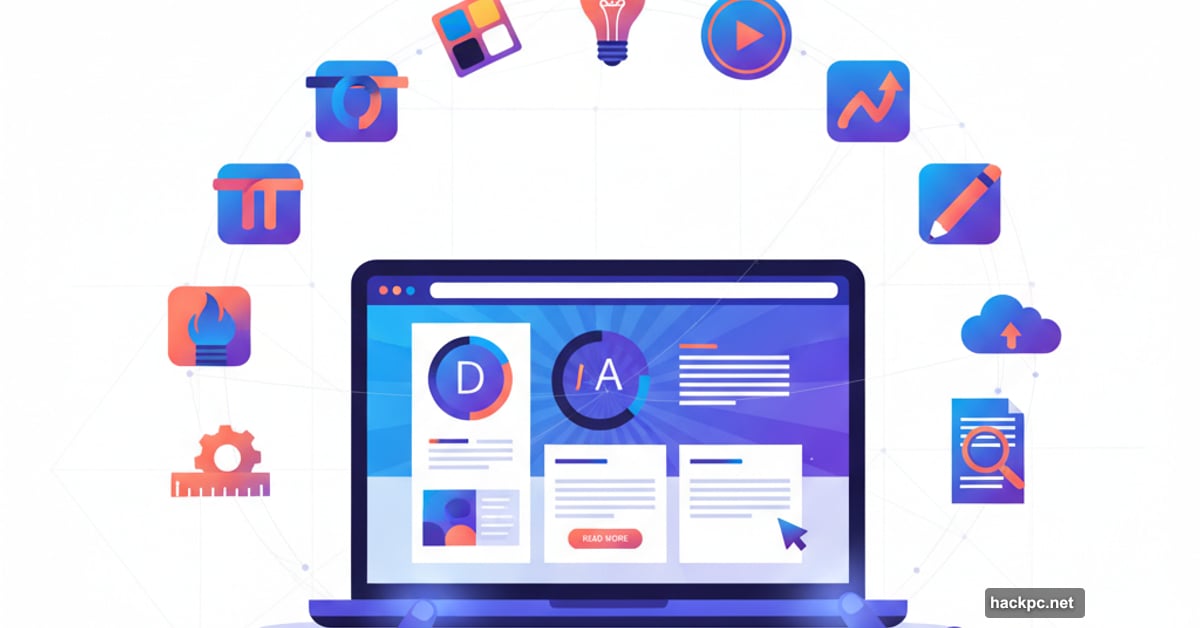 Laptop displaying design blog surrounded by creative resource icons