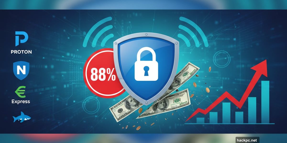 VPN shield with 88 percent discount cutting through dollar bills
