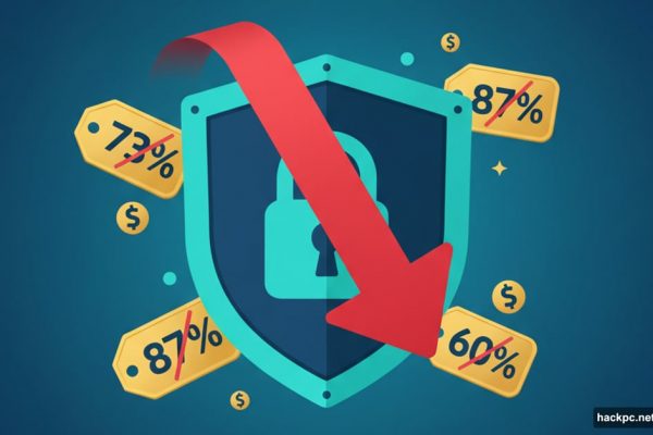 VPN shield with downward price arrow and discount tags