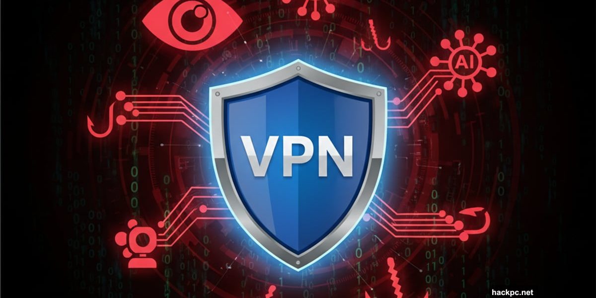 VPN shield protecting against surveillance, AI threats, and scams