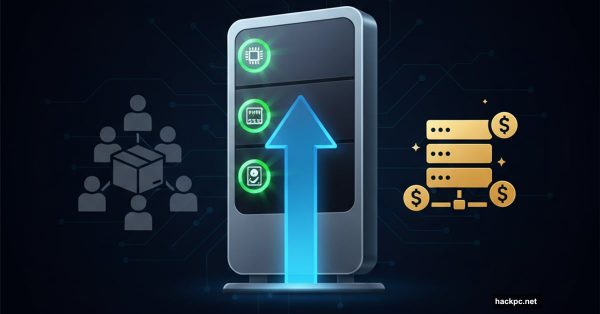 VPS server tower with upgrade arrow and resource indicators