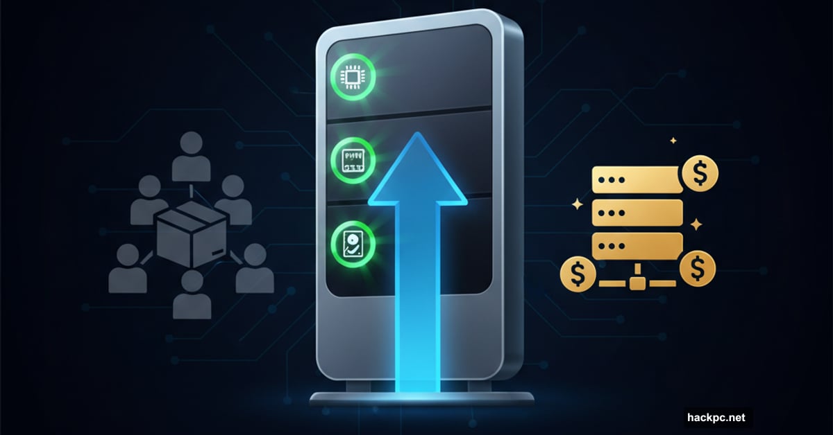 VPS server tower with upgrade arrow and resource indicators
