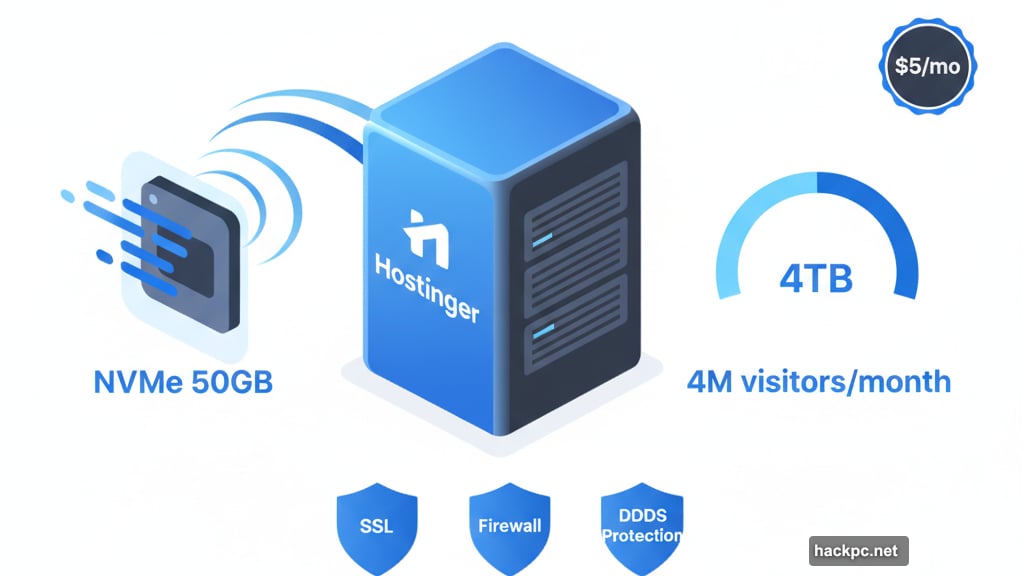 Hostinger unmanaged VPS includes NVMe storage and comprehensive security features