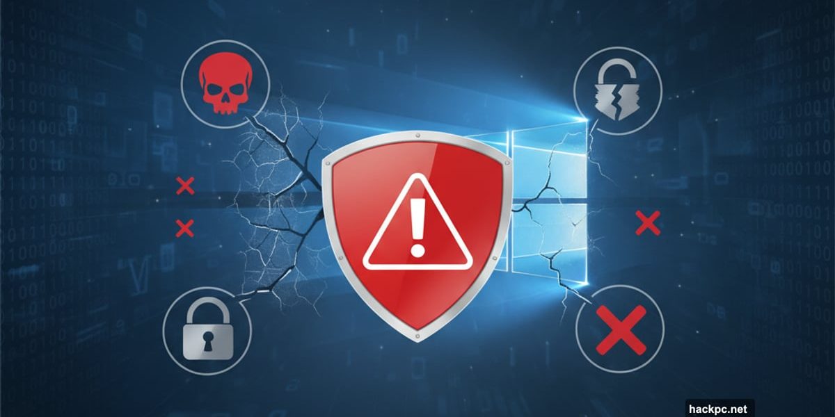 Cracked Windows 10 logo with warning shield and security threat icons
