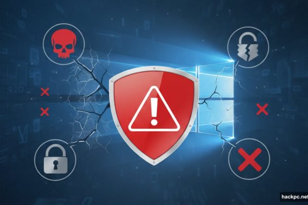 Cracked Windows 10 logo with warning shield and security threat icons