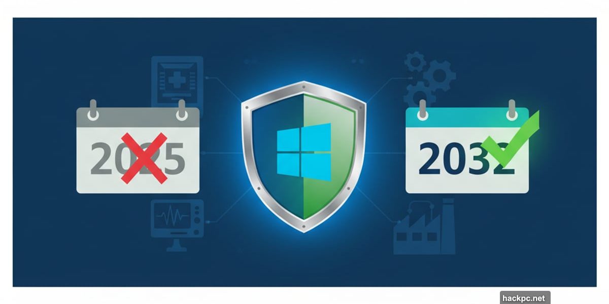 Windows 10 logo with shield extending support until 2032