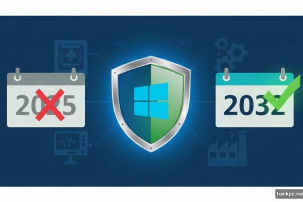 Windows 10 logo with shield extending support until 2032