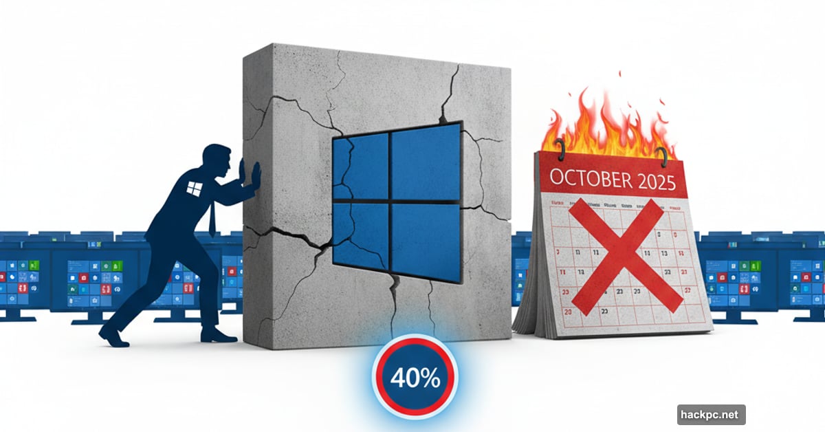 Windows 10 logo as immovable wall with Microsoft deadline crossed out