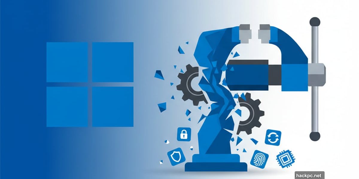 Windows 11 logo compressed in vise with security features breaking off