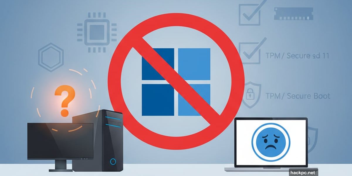 Windows 11 logo with prohibition symbol over desktop computer