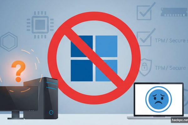 Windows 11 logo with prohibition symbol over desktop computer