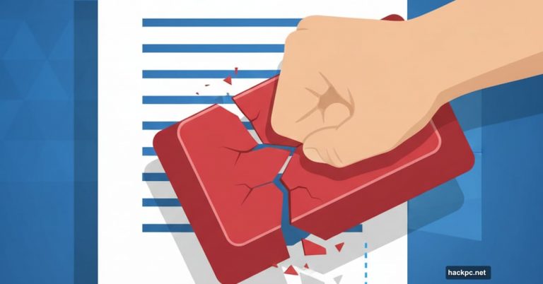 Frustrated hand pressing backspace key over Microsoft Word document icon