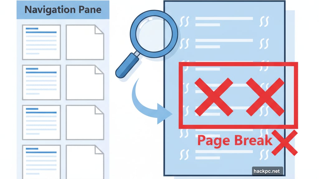 Navigation Pane shows thumbnails revealing blank pages for quick deletion