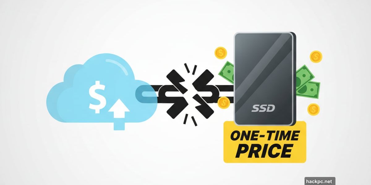 Cloud storage with dollar sign versus external hard drive comparison