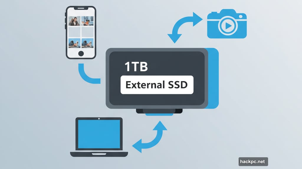 External drive backs up photos videos files across multiple devices