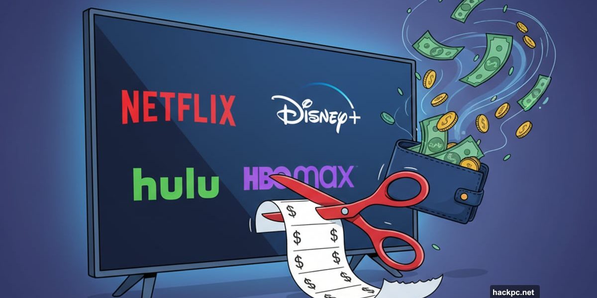 Scissors cutting streaming service bill with multiple platform logos displayed