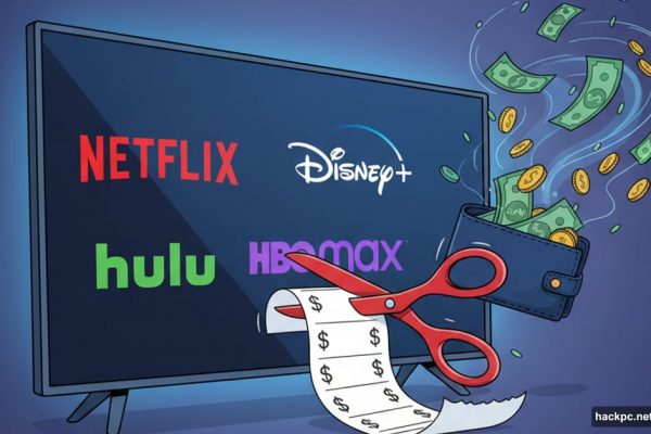 Scissors cutting streaming service bill with multiple platform logos displayed