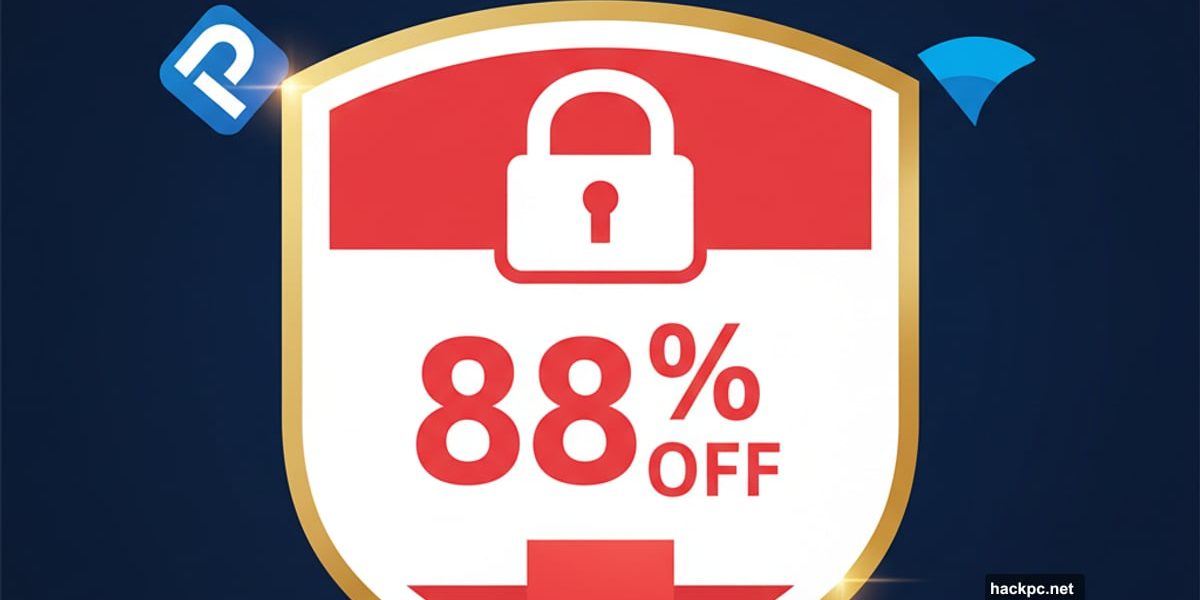 VPN price tag showing 88 percent discount with security shield and brand logos