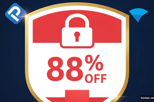 VPN price tag showing 88 percent discount with security shield and brand logos
