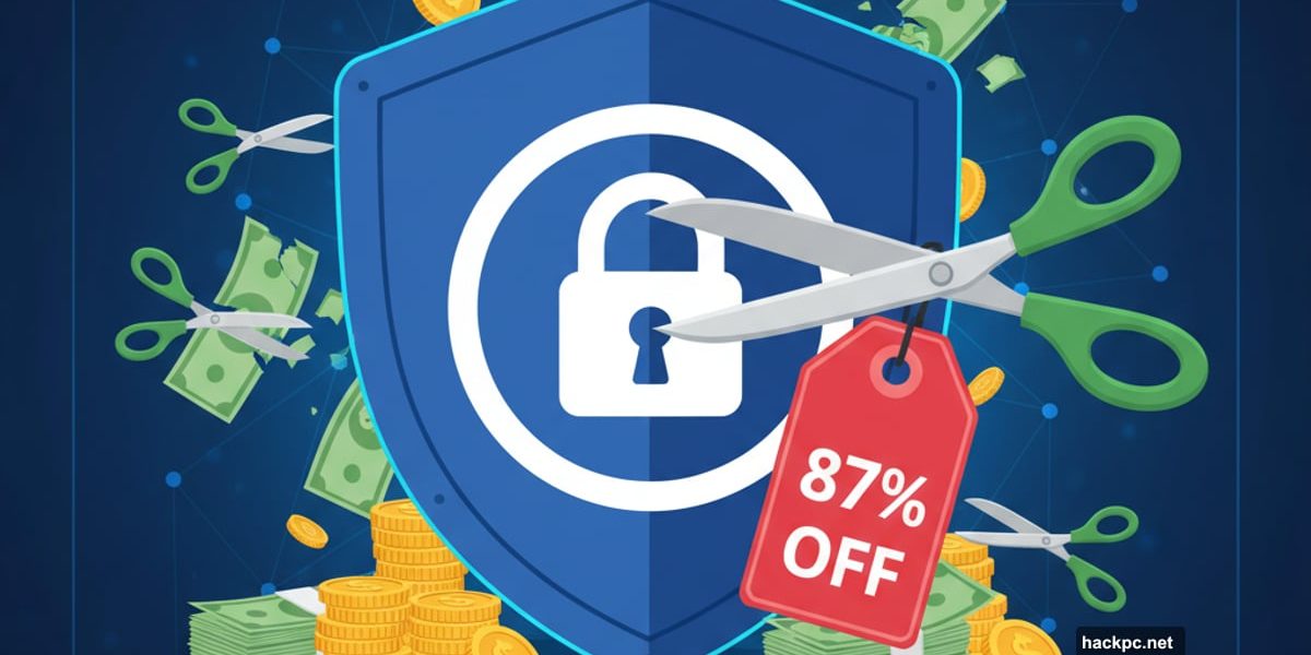 VPN shield with 87 percent off tag and scissors cutting costs
