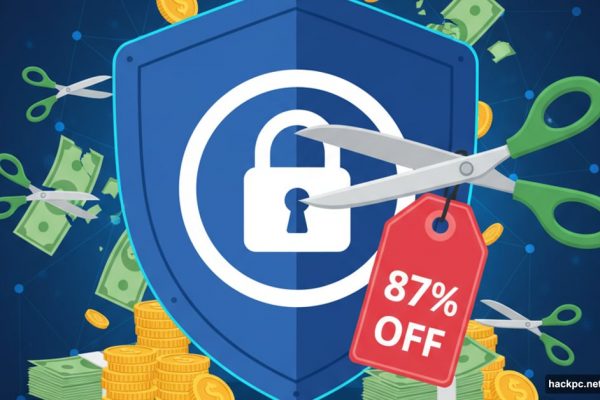 VPN shield with 87 percent off tag and scissors cutting costs