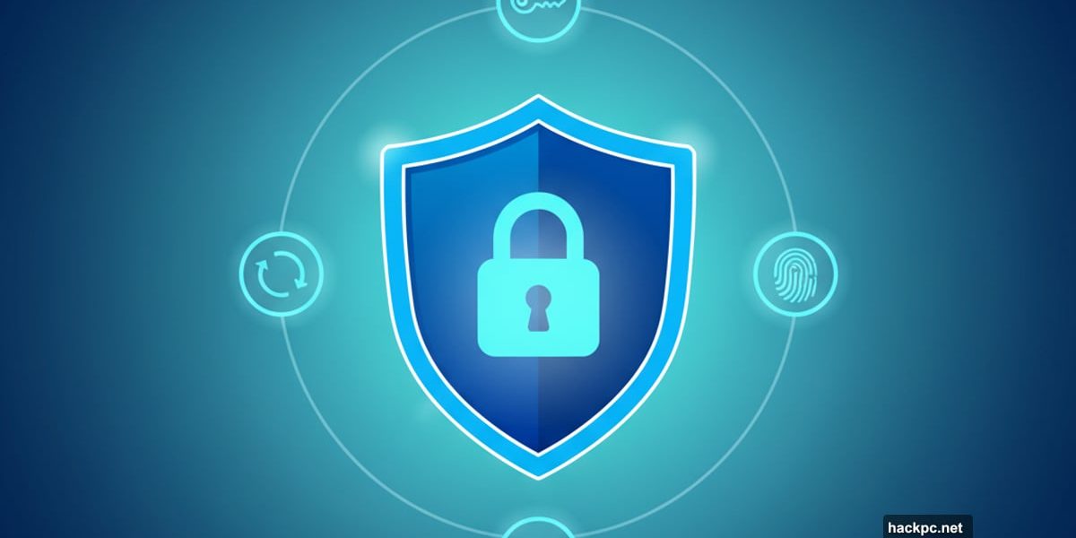 Large blue security shield surrounded by password and protection icons