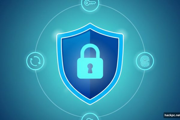 Large blue security shield surrounded by password and protection icons