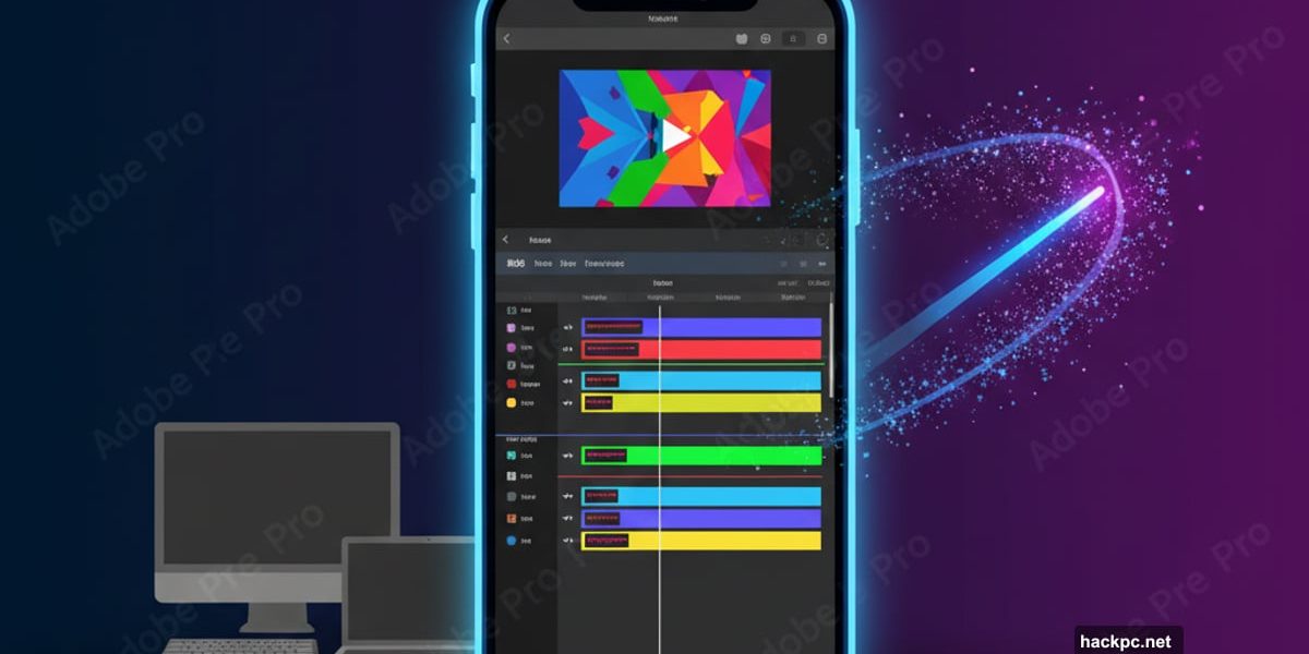 iPhone displaying Adobe Premiere mobile editor outshining desktop computer