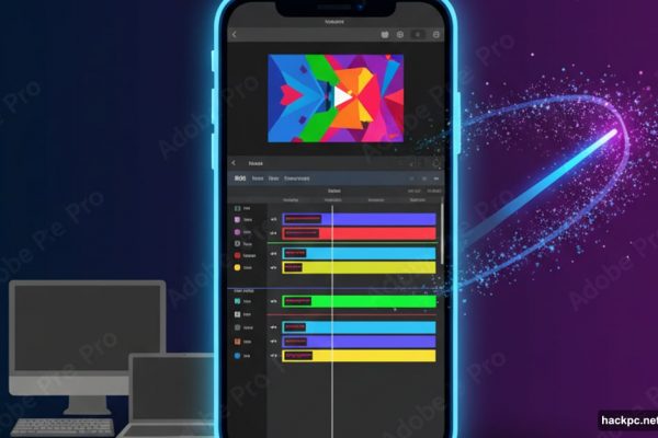 iPhone displaying Adobe Premiere mobile editor outshining desktop computer
