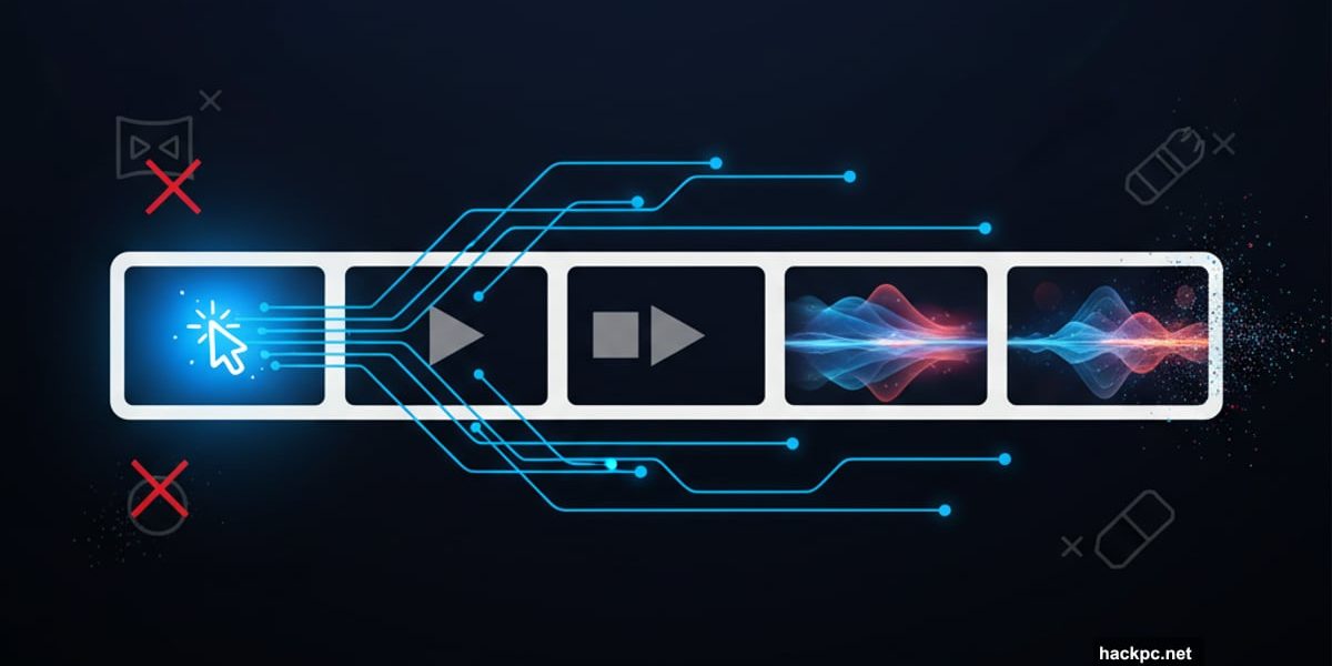 Video timeline with first frame glowing, AI propagating edits automatically through subsequent frames