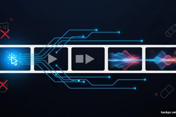 Video timeline with first frame glowing, AI propagating edits automatically through subsequent frames