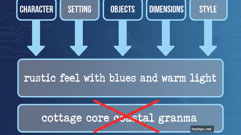 Great prompts include character descriptions, setting details, and artistic style