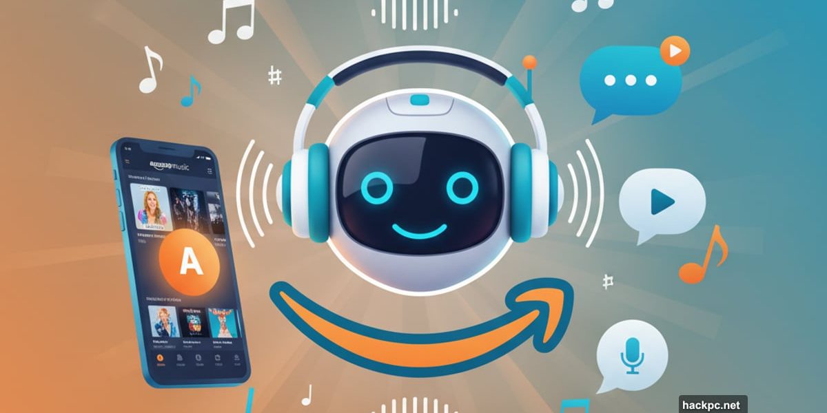 Amazon Music AI DJ robot with music app interface and floating notes