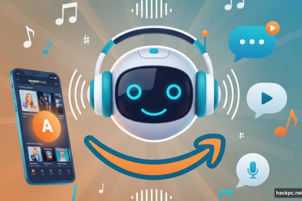 Amazon Music AI DJ robot with music app interface and floating notes