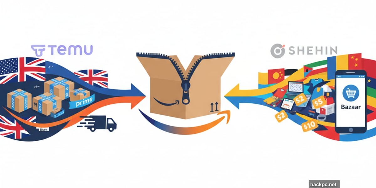 Amazon logo splitting into two paths, premium and budget shopping apps