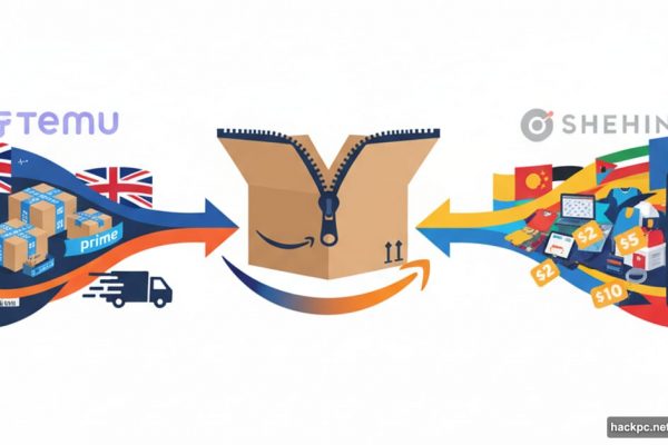 Amazon logo splitting into two paths, premium and budget shopping apps