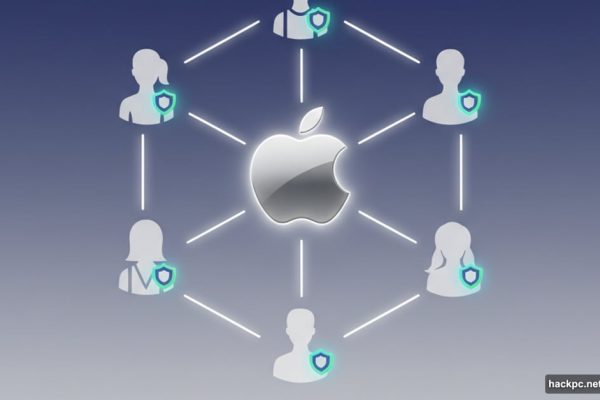 Apple logo connecting six family member silhouettes with privacy shields