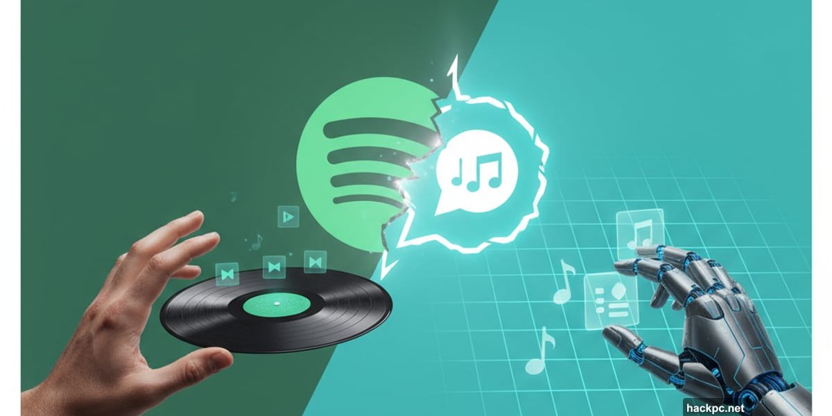 ChatGPT logo merging with Spotify logo, human hand versus robotic playlist creation