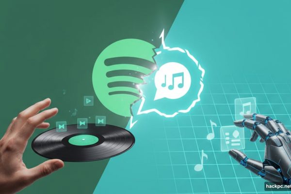ChatGPT logo merging with Spotify logo, human hand versus robotic playlist creation