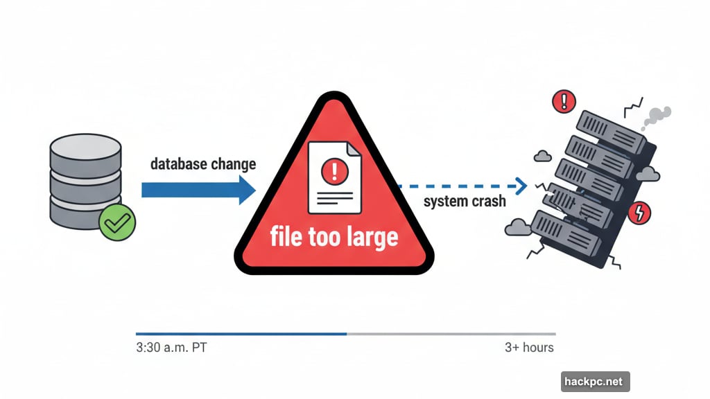 Database change created file too large causing system crash