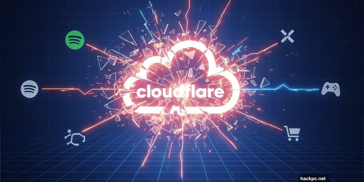 Cloudflare logo cracking apart, breaking connections to major internet services