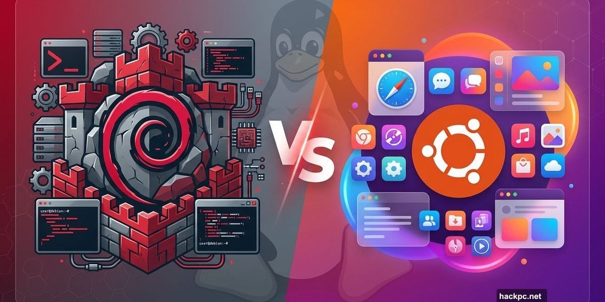 Debian versus Ubuntu Linux distributions comparison split screen design