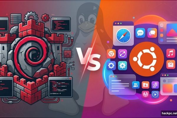 Debian versus Ubuntu Linux distributions comparison split screen design