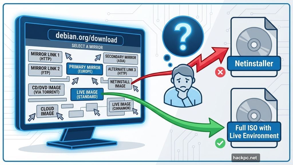 Debian download process with Netinstaller and full ISO images