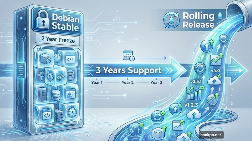 Debian two year software freeze versus rolling release distributions