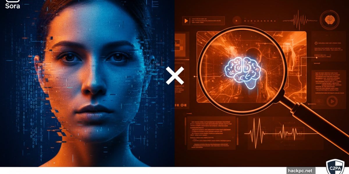 Split screen showing AI-generated face versus detection tools examining deepfake video