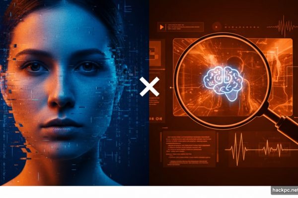 Split screen showing AI-generated face versus detection tools examining deepfake video