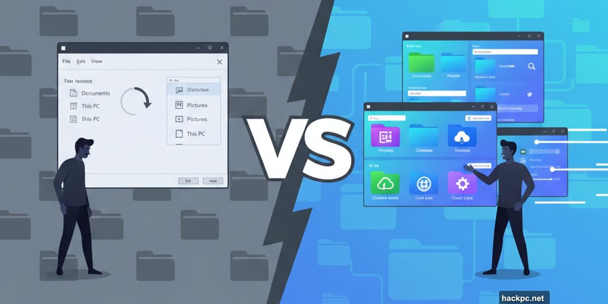 Windows File Explorer versus modern file manager alternatives comparison illustration